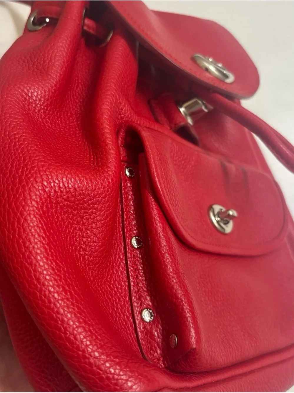 Coach Red Pebbled Leather Mini Backpack with Turn-Lock Front Pocket